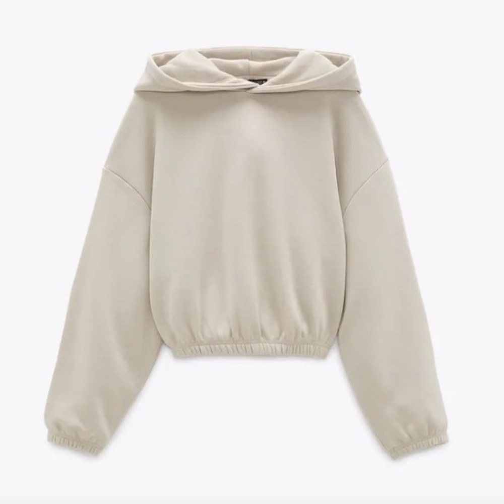 Zara Tan Cropped Hoodie Sweatshirt